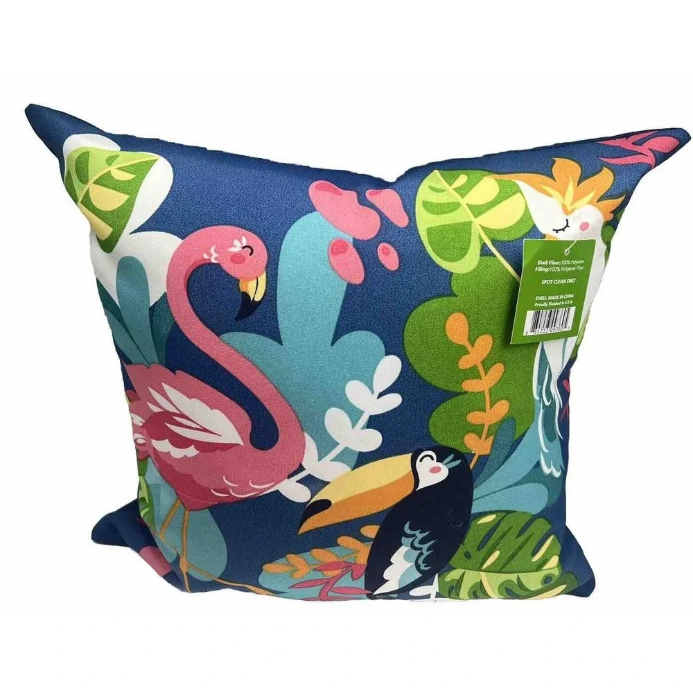 2 Throw Pillows Outdoor Tropical Birds Blue 16 X 16 New